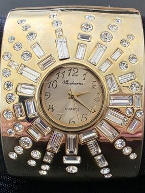 Shoshanna Sunburst Baguette Rhinestones Hinged Bangle Gold Tone Wide Watch Works